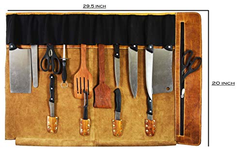 Aaron Leather Goods Vendimia Estilo Leather Knife Roll Storage Bag, Elastic and Expandable 10 Pockets, Adjustable/Detachable Shoulder Strap, Travel-Friendly Chef Knife Case Roll (Caramel, Leather) - color: Caramel
