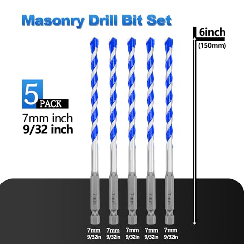 5 Pack 9/32" / 7mm Masonry Drill Bit Set for Concrete,Hex Shank,4" Length - size: 9/32 inch（ 5 Pack ）, style: Hex Shank
