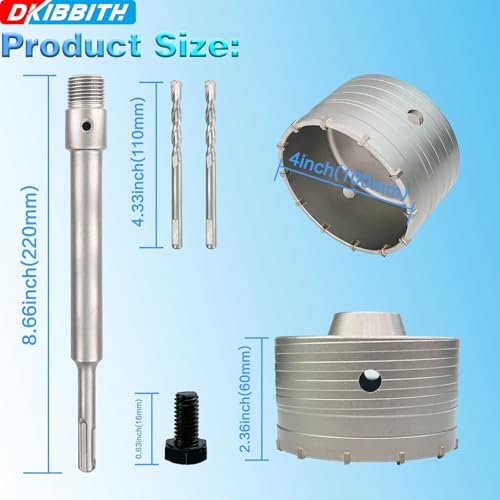 4" Concrete Hole Saw, 102mm Tungsten Steel Core Bit for Cinder Block, Brick, Rock, Plank Walls for Pipes or mini Split Lines, with SDS Plus Shank and 2 Center Positioning Drill Bits. - size: 4"