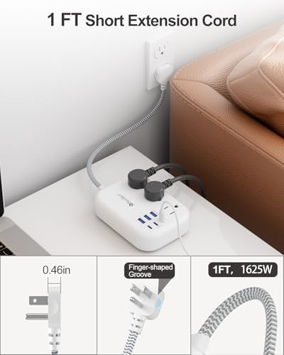 Beeiker Short Extension Cord 1 Ft,6 USB (3 USB C) Power Strip,3 Outlets - size: 1 FT-24W-980J-White
