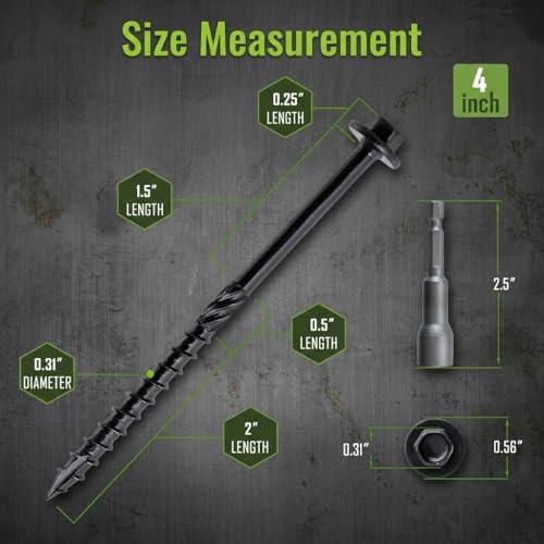 [Pack of 50] #14 x 4 inch Wood Structural Screws, Heavy Duty Hex Head Black Timber/Log/Landscaping Wood Screws, Rust Resistant, Hex Socket Included - color: Black, size: #14 x 4"