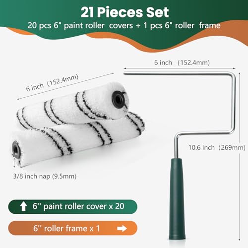 Paint Roller Covers, 20 Pack, 6 Inch, 3/8 Inch Nap - size: 6 inch paint roller 20 pack