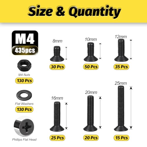 KADRICK 435Pcs M4 Countersunk Screw Kit,Flat Head Bolts 8MM-25MM - size: M4 435Pcs 8-25mm