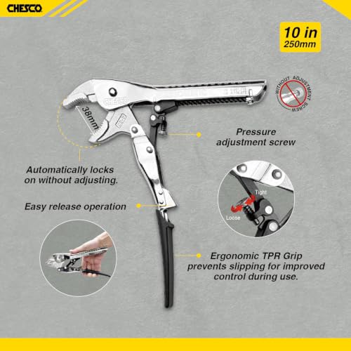 CHESCO 10" Curved Jaw 4th Gen Self-Adjusting Locking Pliers, One-Hand Auto-Lock Design, Heavy-Duty Cr-V Steel Professional Hand Tool for Automotive, Plumbing & DIY - size: 10 Inch