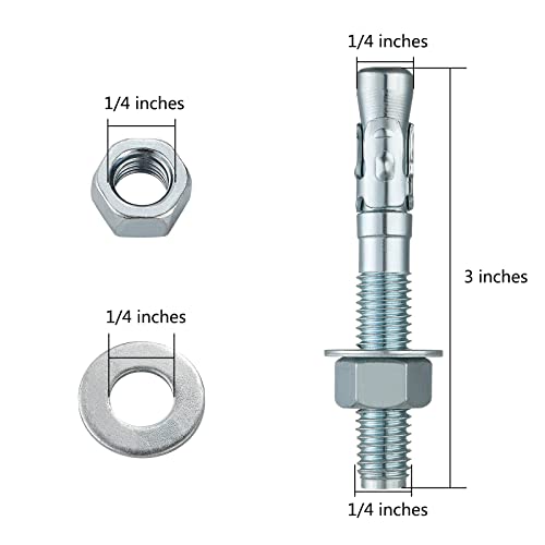Wensilon 1/4x3 10Pcs Inch Standard Fasteners for Heavy-Duty Zinc Wedge Anchors for Cement and Concrete - size: 1/4x3"