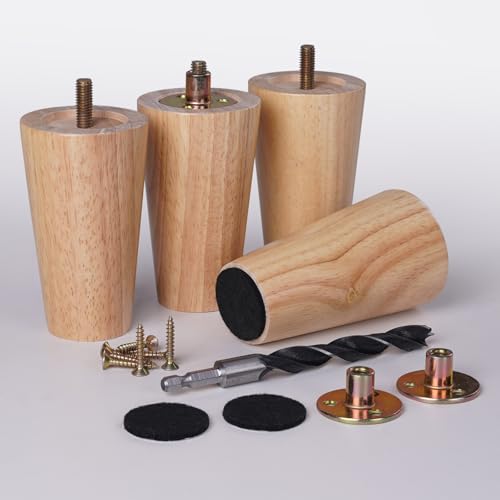 4 Inches Solid Wood Furniture Legs Set of 4, Round Replacement Wooden Feet for Sofa, Couch, Cabinet,Table, Ottoman, Dresser - Varnished Finish - size: 4inch