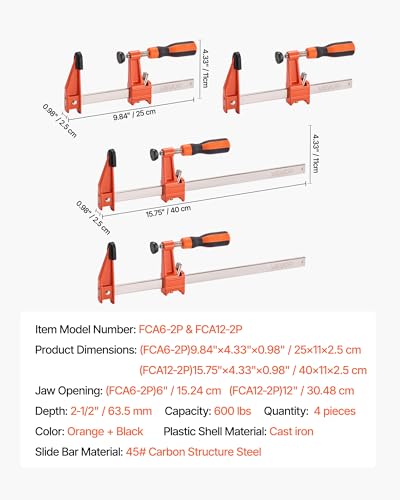 VEVOR Bar Clamps for Woodworking, 2-Pack 6 inch and 2-Pack 12 inch, Lockable F-Clamp with 600 lbs Load Limit, 2-1/2 inch Depth, Cast Iron and Carbon Steel, Wood Clamps for Woodworking Metal Working - size: 12"& 6" (4 Pack), style: Medium-Duty
