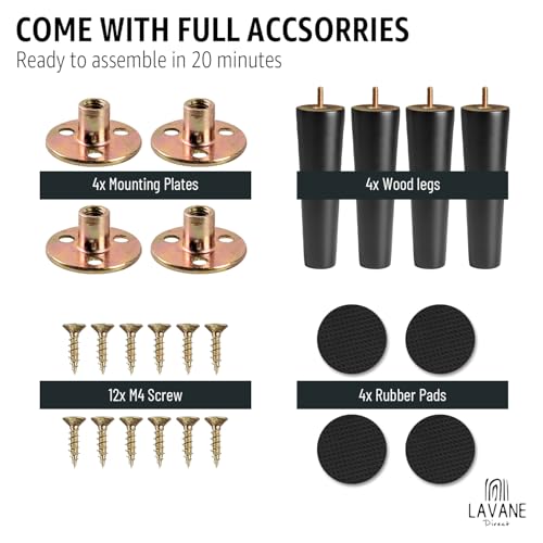 La Vane 8 inch / 20cm Wooden Furniture Legs, Set of 4 Black Solid Wood Tapered M8 Furniture Replacement Feet with Pre-Drilled 5/16 Inch Bolt & Mounting Plate & Screws for Sofa Chair Couch Ottoman - size: 8 inch