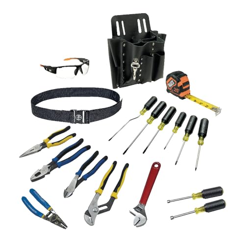 Klein Tools 80118 Electrician Tool Kit with Klein Hand Tools and Eye Protection, Comes in 10-Pocket Leather Pouch, 18-Piece