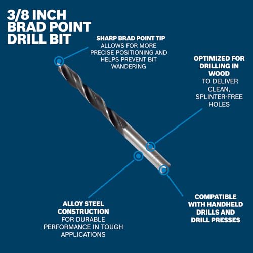 BOSCH BP14605 3/8 in. Brad Point Bit - Precise Starts, Clean Holes, Accurate Wood Drilling, Handheld Drill/Drill Press Compatible - size: 3/8" DIAMETER