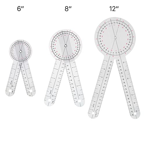 Goniometer Set 3 Pieces of 6/8/12 Inch Occupational Physical Therapy Protractor Tool Measurement Angle Ruler Kit Plastic 360 Degree Universal (3pc)