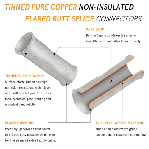 SVAAR 0000 Gauge Flared Barrel Butt Splice Connectors Kit 6PCS 4/0 AWG Non-Insulated Butt Connectors Tinned Copper Marine Grade Flared Compression Butt Splices Crimp Butt Terminals+6 PCS Heat Shrinks - color: Tinned Copper