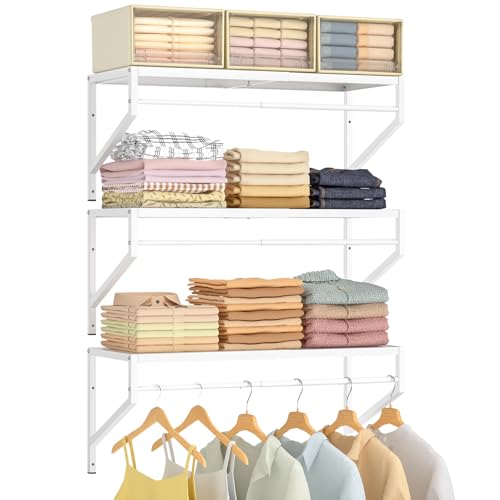 ThreeHio Expandable Closet Shelves Wall Mounted, 3 Pack Closet Shelving with Hanging Rods, Wall Shelving for Walk-in Closet, Hanging Shelves Organizer and Storage for Closet, Laundry - size: 3 Pack