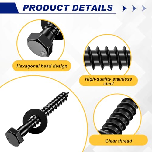 Zonon 50 Pcs 1/4" X 2" Hex Head Lag Bolts Screws with Washers, Black - color: Black, size: 1/4" X 2"