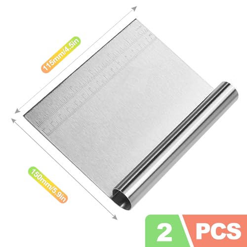 ZukoCert 2-Pack Stainless Steel Bench Scraper – Durable Dough Cutter with Built-In Measuring Ruler (Multipurpose Tool for Pizza, Cake, Baking & Pastry Work, Easy to Clean)