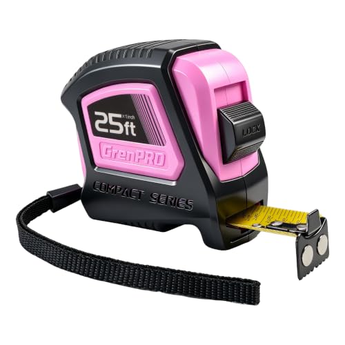 GRENPRO 25FT Magnetic Tape Measure, Double-Sided 1/32", Nylon Coated Blade - color: Pink