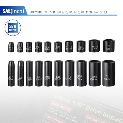 Reniteco 64-Piece 3/8" Drive Socket Set, SAE 5/16"-1", Metric 6-24mm, Cr-V - size: 3/8"-64 PCS