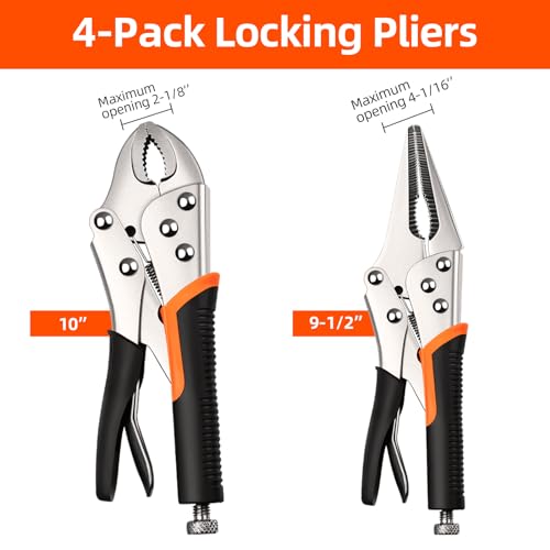 4-Pack Vice Grips Pliers Set for welding,Metal Bending,Woodworking, | Locking Pliers,2PCS 10"Curved Jaw,2PCS 9-1/2" Needle Nose Vise Grips,Ergonomic Handle - style: 4 PCS VICE GRIPS PLIERS