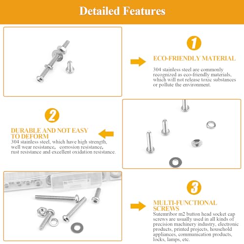 565 Pieces M2 Screws Nuts Washers Set, Sutemribor M2 x 4/6/8/10/12/16/20mm Button Head Socket Cap Screws Nuts Washers Assortment Kit, 304 Stainless Steel, Fully Threaded - size: M2, style: Button Head Socket Cap