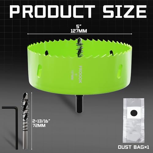 5"(127mm) Bi-Metal Hole Saw with Arbor - Multi-Material Cutting Kit for Thin Iron, Wood & Drywall - High-Speed Steel Teeth with Smooth Cutting Edge, Fast Chip Removal & Bonus Dust-Proof Bag - size: 5" (127mm)