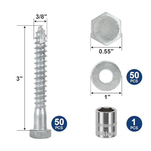 3/8" x 3" Lag Screws Bolts with Washers(50Pcs) - size: 3/8x3in