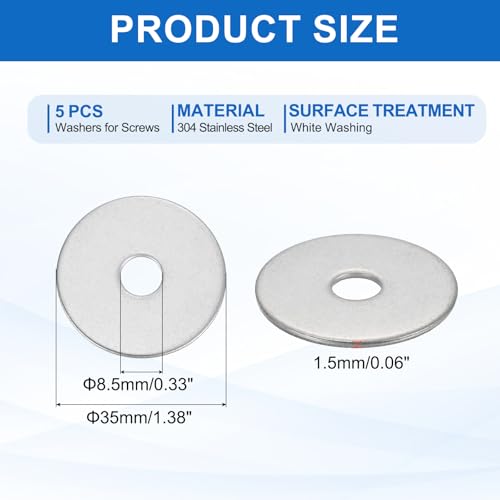 MECCANIXITY 5 Pcs M8 Stainless Steel Flat Washers Round Assortment Parts Spacers Assorted for Screws, Bolts, Plumbing, Automotive, Electrical 8.5mm ID 35mm OD 1.5mm Thick - size: M8, 8.5mm ID 35mm OD 1.5mm Thick