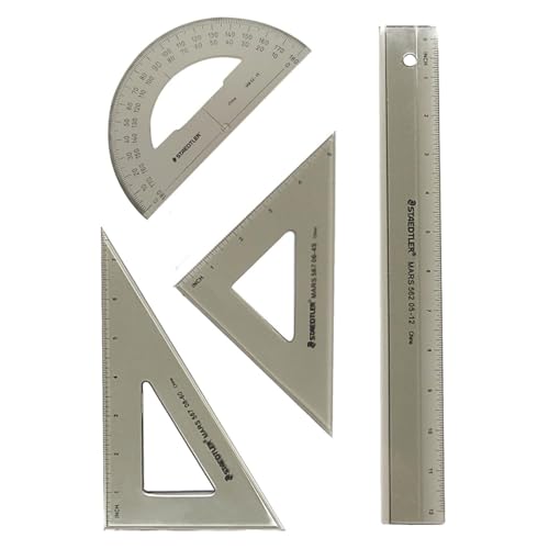STAEDTLER College Combination Set - Triangle, Protractor & Ruler Set, Transparent Smoke Plastic with Beveled Edges, 4-Piece Set