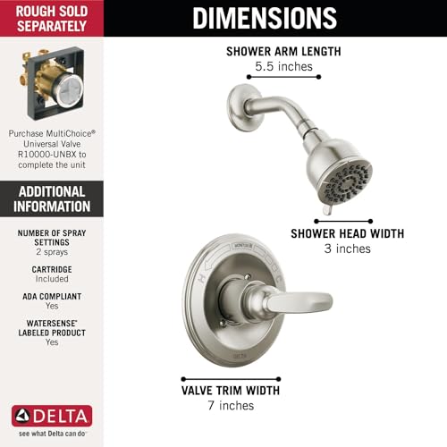 Delta Foundations 13 Series 2-Spray Shower Faucet Set, Brushed Nickel Shower Head and Handle Set, Valve Trim Kit, Stainless BT13210-SS (Valve Not Included) - color: Stainless