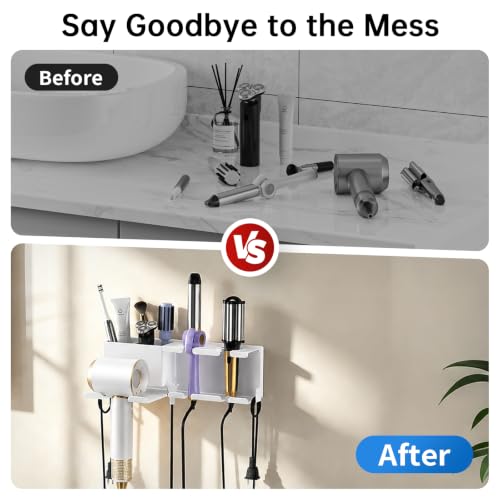 YSD Hair Dryer Holder Wall Mounted Metal 4 in 1 Hair Tools Organizer - color: White, size: Standard