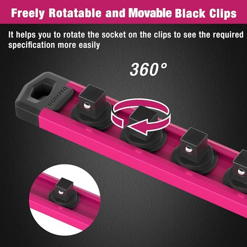 WORKPRO Magnetic Socket Organizer, Heavy Duty 1/2-Inch Drive Socket Rail - color: Rose Red, size: 1/2" DR