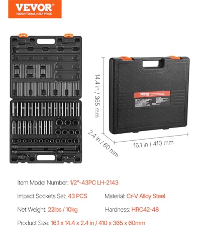 VEVOR Impact Socket Set, 1/2 Inches 43 Piece Impact Sockets, 1/2 Inches Drive Socket Set, High-torque Standard Socket Assortmen with 4 Extension Bars, 6-Point Sockets Metric 9-30mm (Standard/Deep) - size: 1/2" 43 PCS