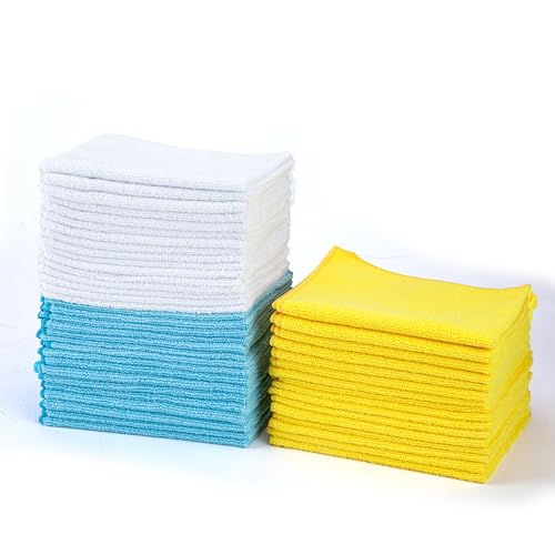 Amazon Basics Microfiber Cleaning Cloths, Highly Absorbent, Scratch-Free, Ultra-Soft, Non-Abrasive, Reusable and Washable, 16" x 12", Blue/White/Yellow, 48-Pack - color: Blue/White/Yellow, size: 48-Pack