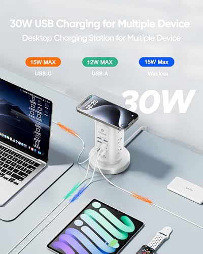 Kakyanill 30W USB Charging Station, Power Strip Tower with 9 AC 8 USB - color: White&Grey