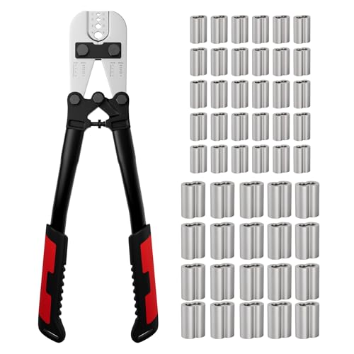 Wire Rope Crimping Tool 1/8'', Steel Crimper & 50pcs Alum. Sleeves