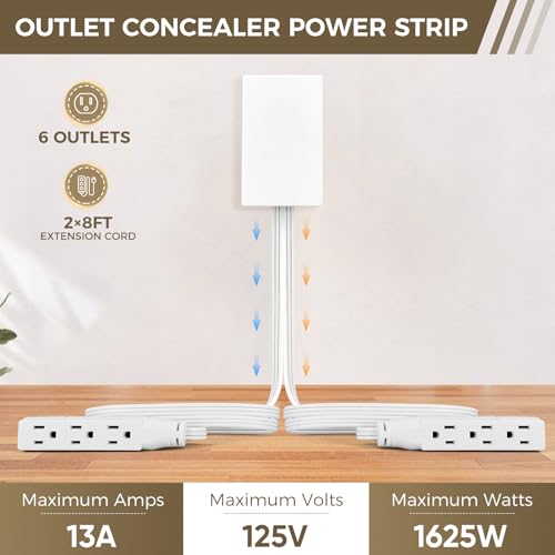 SakerPlus Flat Wall Outlet Extender, Split Extension Cord, 6AC Outlets - style: dual 8ft (AC ports)