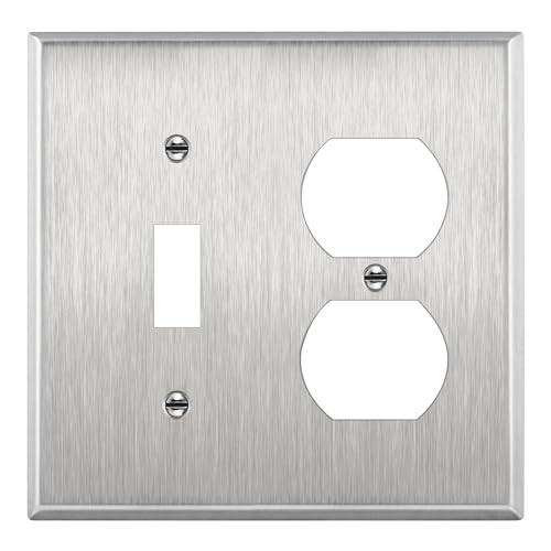 ENERLITES Combination Toggle & Duplex Metal Wall Plate, St&ard, Silver - color: Stainless Steel, size: Standard Size