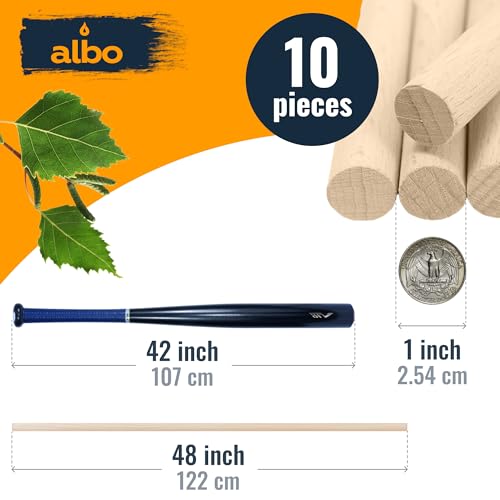 ALBO 1" x 48" Wooden Dowel Rods Set - 10 Pack Birch Natural Long Craft Sticks Rails Shelf Supports Garden Hardwood Smooth Finish Woodworking Material DIY Furniture Bulk Professional - size: 1" x 48" 10 Pcs