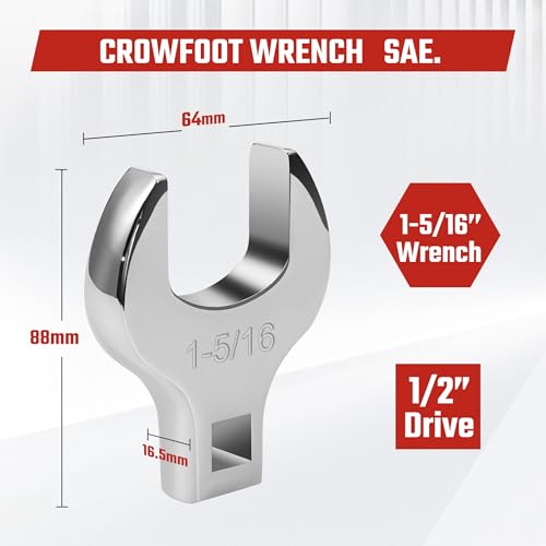 1/2'' Full Polish Drive Jumbo Crowfoot Wrench, Open End Wrench, SAE, 1-5/16'', CR-V Steel, Tools for Mechanics Maintenance or Repairs, Access Fasteners in Tight Spaces Work Hard-To-Reach Areas - size: SAE-1-5/16''