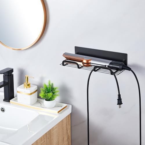 Straighteners Holder Wall Mounted Metal Hair Dryer Holder for Curling Wands Accessories Adhesive Curling Iron Holder Hair Tool Organizer for Vanity Bathroom Barber Shops (Black)