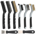 VASTOOLS 8 Pack Wire Brush & Scraper Set, 7"+9" Brass/Stainless Steel/Nylon Brushes with Stiff Putty Knives for Rust, Paint, Grease Removal, Metal, Tile, Concrete & Household Cleaning - size: 7" 9"
