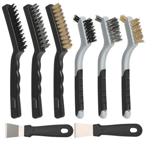 VASTOOLS 8 Pack Wire Brush & Scraper Set, 7"+9" Brass/Stainless Steel/Nylon Brushes with Stiff Putty Knives for Rust, Paint, Grease Removal, Metal, Tile, Concrete & Household Cleaning - size: 7" 9"