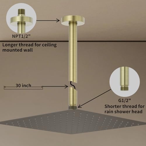 30 Inches Brushed Gold Ceiling Mount Round Shower Arm With Flange Straight Extender Extension Pipe Replacement Rain Shower Head Straight For Fixed - color: Brushed Gold