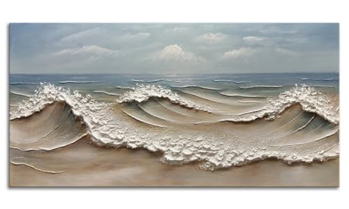 zoinart Blue Ocean Wave Oil Painting on Canvas Impasto Textured Painting Serene Canvas Wall Art Living Room Wall Decor Contemporary Art 24" x 48" - color: YH-B201