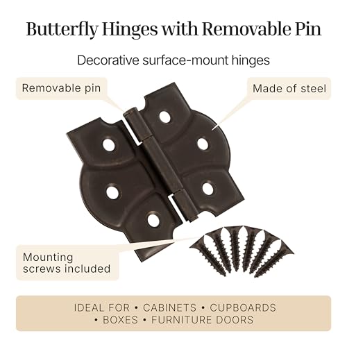 Antique Brass Butterfly Hinges with Removable Pin - Pack of 2 - Surface Mount Cabinet Door Hinges - UA-261-HAB (1) - color: Antique Brass