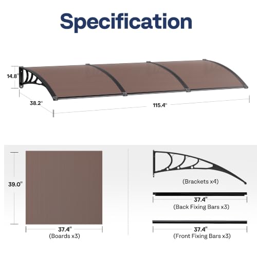 VIVOHOME Polycarbonate Window Door Awning Brown 38 Inch x 115 Inch - color: Brown, size: 38 Inch x 115 Inch