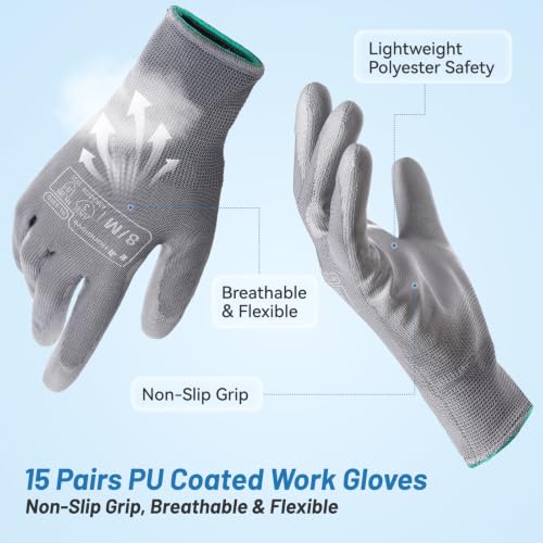 HandLove PU Coated Work Gloves 15 Pairs, Lightweight Polyester Safety Gloves with Non-Slip Grip - color: Grey, size: M(15 Pairs)