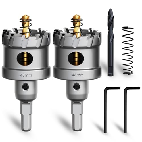 Metal Hole Saw 1-7/8''(48mm) 2Pcs Set Heavy Duty Tungsten Carbide Tipped Hole Cutters Set with a nitrided Step Drill and L-flench, for Steel Iron,Aluminum,Stainless stell,Plastic - size: 1-7/8''(48mm)-2PCS