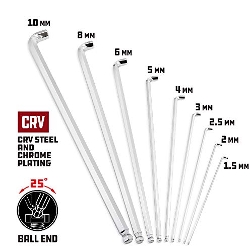 Powerbuilt 9 Piece Metric Stubby Long Arm Ball End Hex Key Wrench Set, Allen Hex Key Wrench, Extra Long Arm, Ball End, size 1.5 to 10mm - 240100 - style: Metric