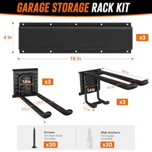 Garage Tool Organizer Wall Mount, Heavy Duty 48 Inch Garage Storage System with Adjustable Hooks, Garden Tool Rack for Shovel Rake Broom Snowboard Shed Organization - size: 48" Alloy Steel