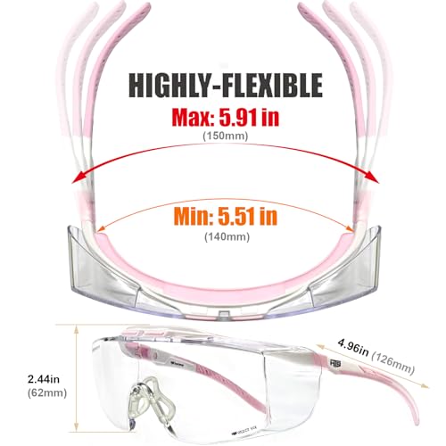 HTS HUNTERSKY ANSI Z87.1+ Anti Fog Fit Over Eyeglasses Safety Glasses Up to 1.88 inch 99.9% UV Protection OTG Lab Goggles - color: 3906c White-pink / Clear Lens